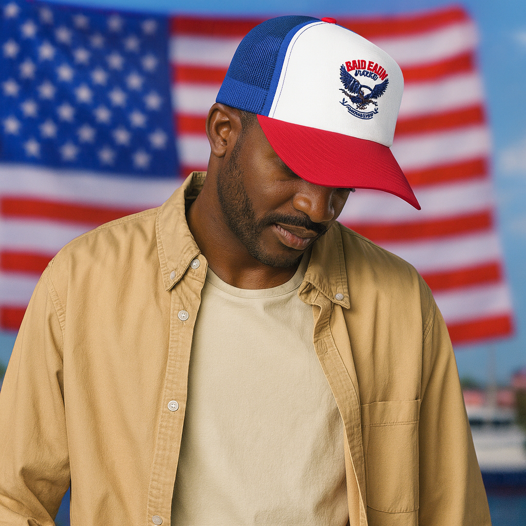 Man wearing a cap with an eagle design in front of an American flag