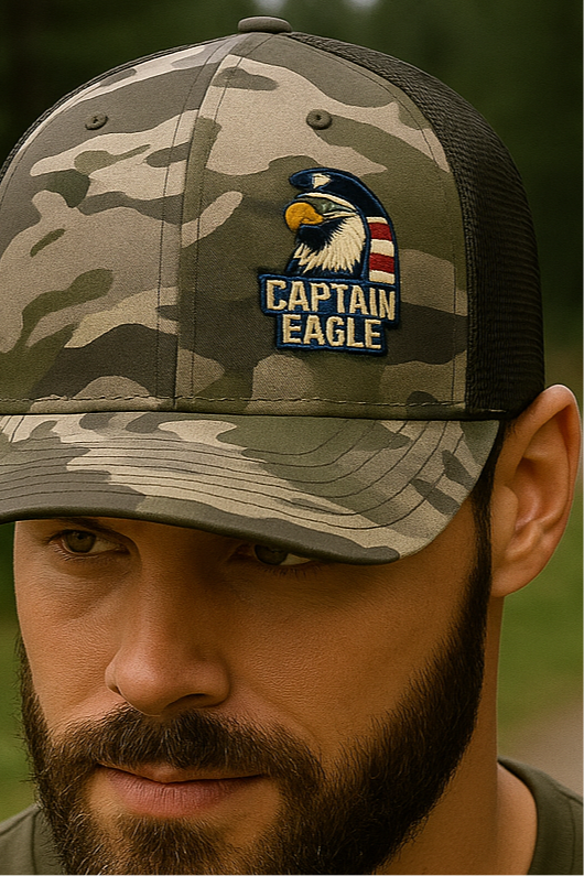 Captain Eagle Camo Hat – USA Flag Eagle Embroidered Trucker Cap