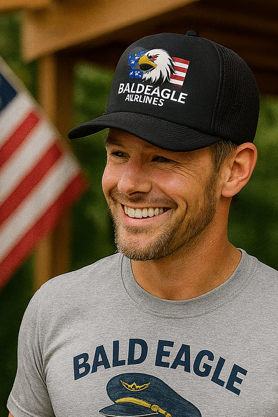 Man wearing a black cap with 'Bald Eagle Airlines' logo and a gray t-shirt with 'Bald Eagle' text, standing in front of an American flag.