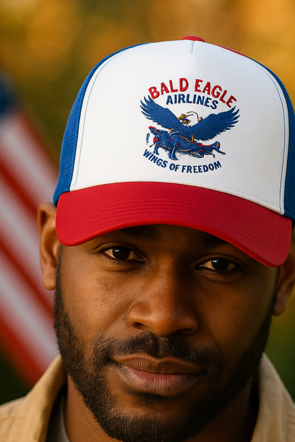 Man wearing a cap with 'Bald Eagle Airlines' logo in front of an American flag.