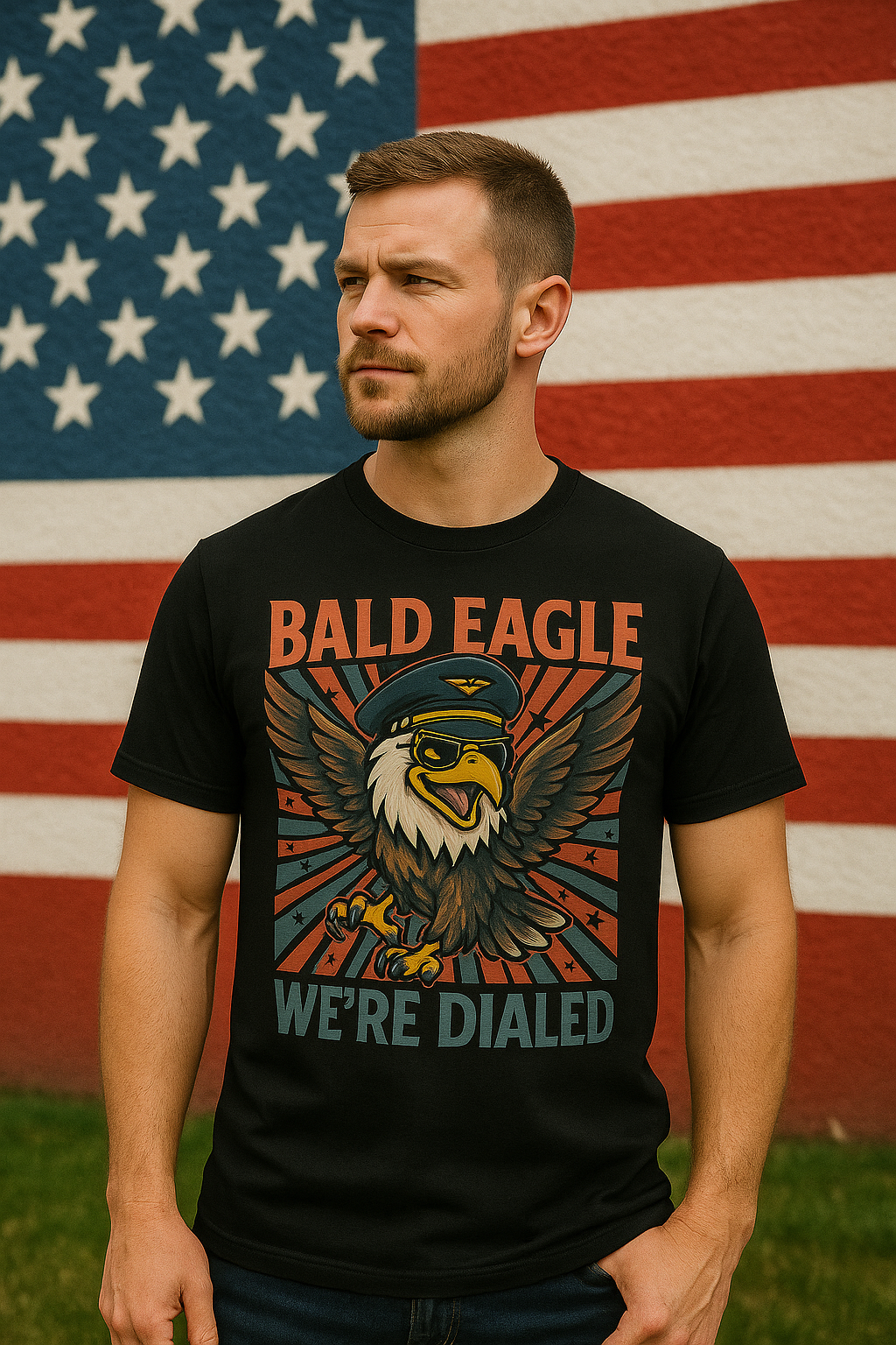 Man wearing a black t-shirt with an eagle graphic and text in front of an American flag.