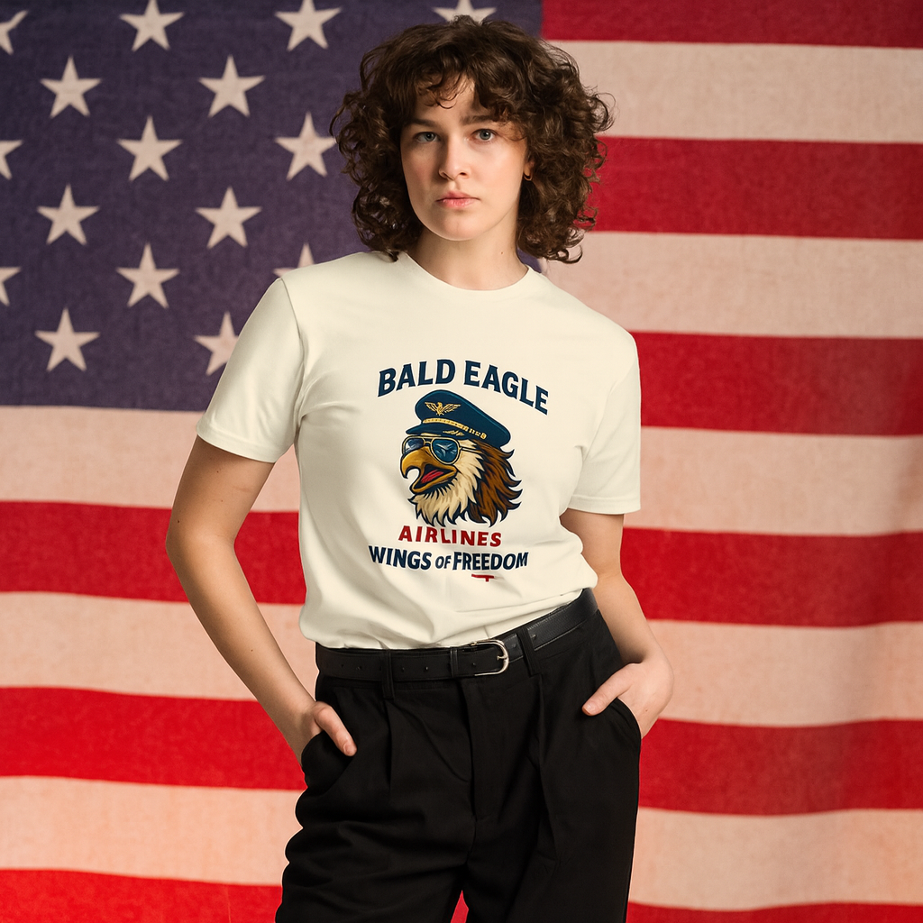 Person wearing a t-shirt with an eagle graphic and text in front of an American flag