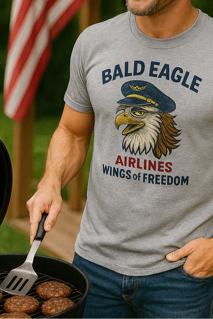Person wearing a t-shirt with an eagle graphic and text, standing outdoors.