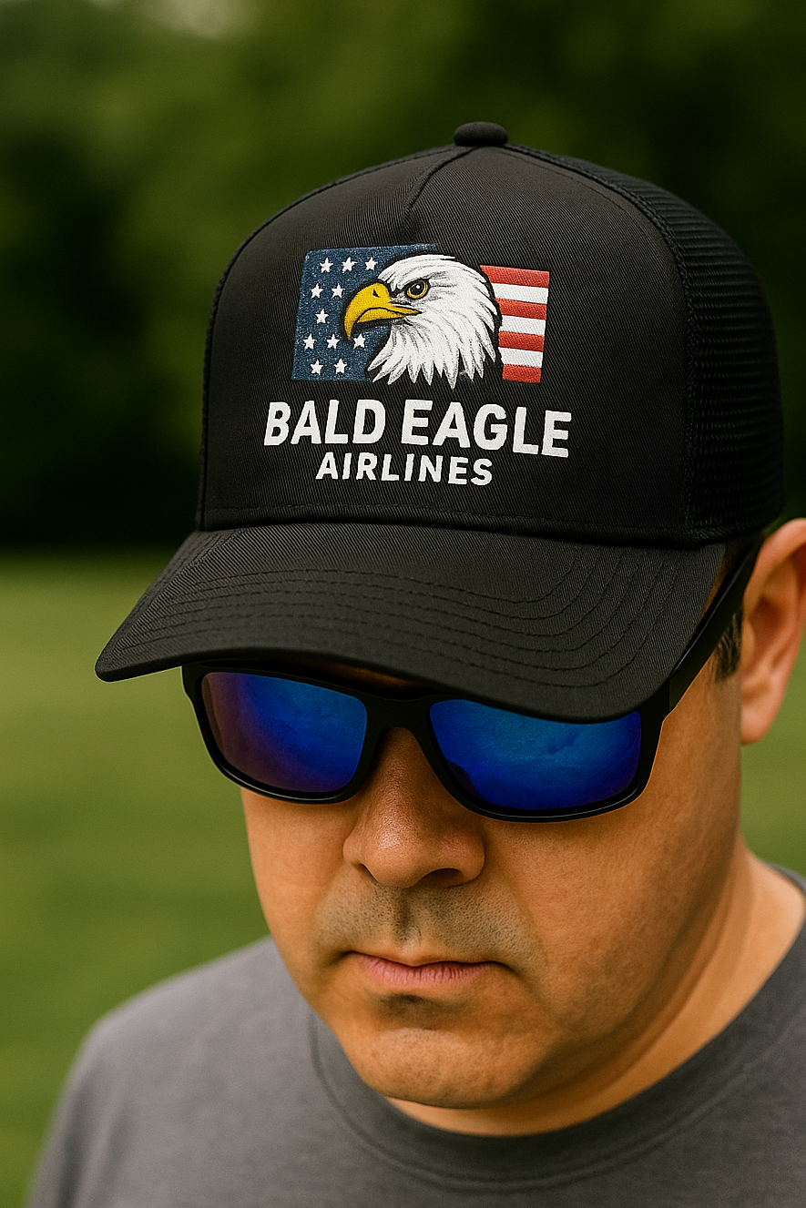 Person wearing a black cap with 'Bald Eagle Airlines' logo and sunglasses, outdoors.