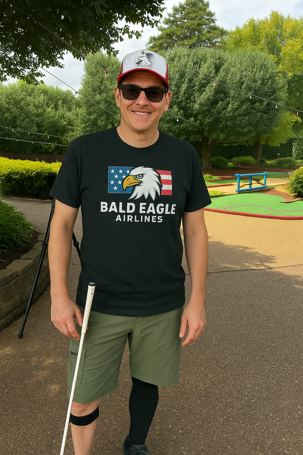 A smiling man wearing sunglasses, a red and white trucker hat, and a black “Bald Eagle Airlines” T-shirt stands on a mini golf course. He’s holding a golf putter, dressed in green cargo shorts and black athletic shoes. The background features manicured greenery, trees, and a colorful mini golf setup under string lights.