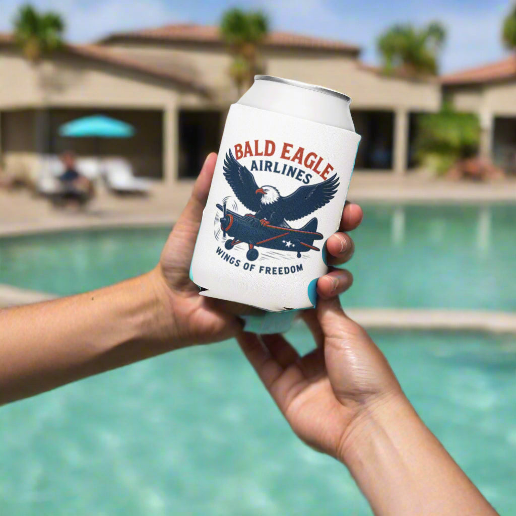 pool side with bald eagle airlines koozie