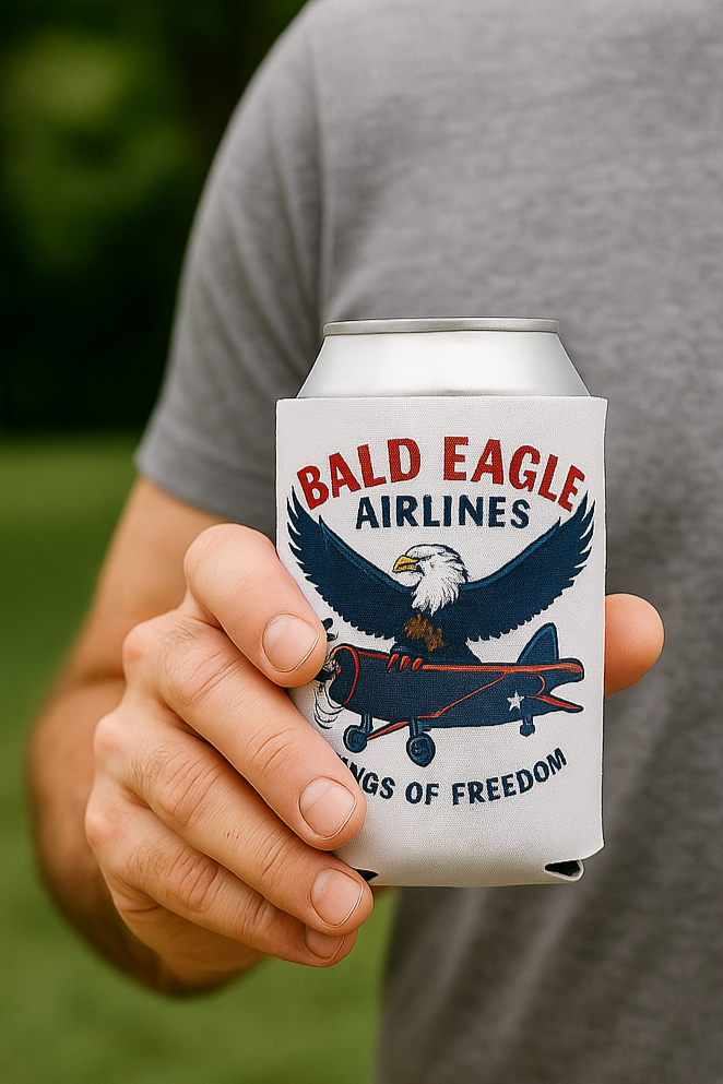 Person holding a can with 'Bald Eagle Airlines' branding against a blurred green background