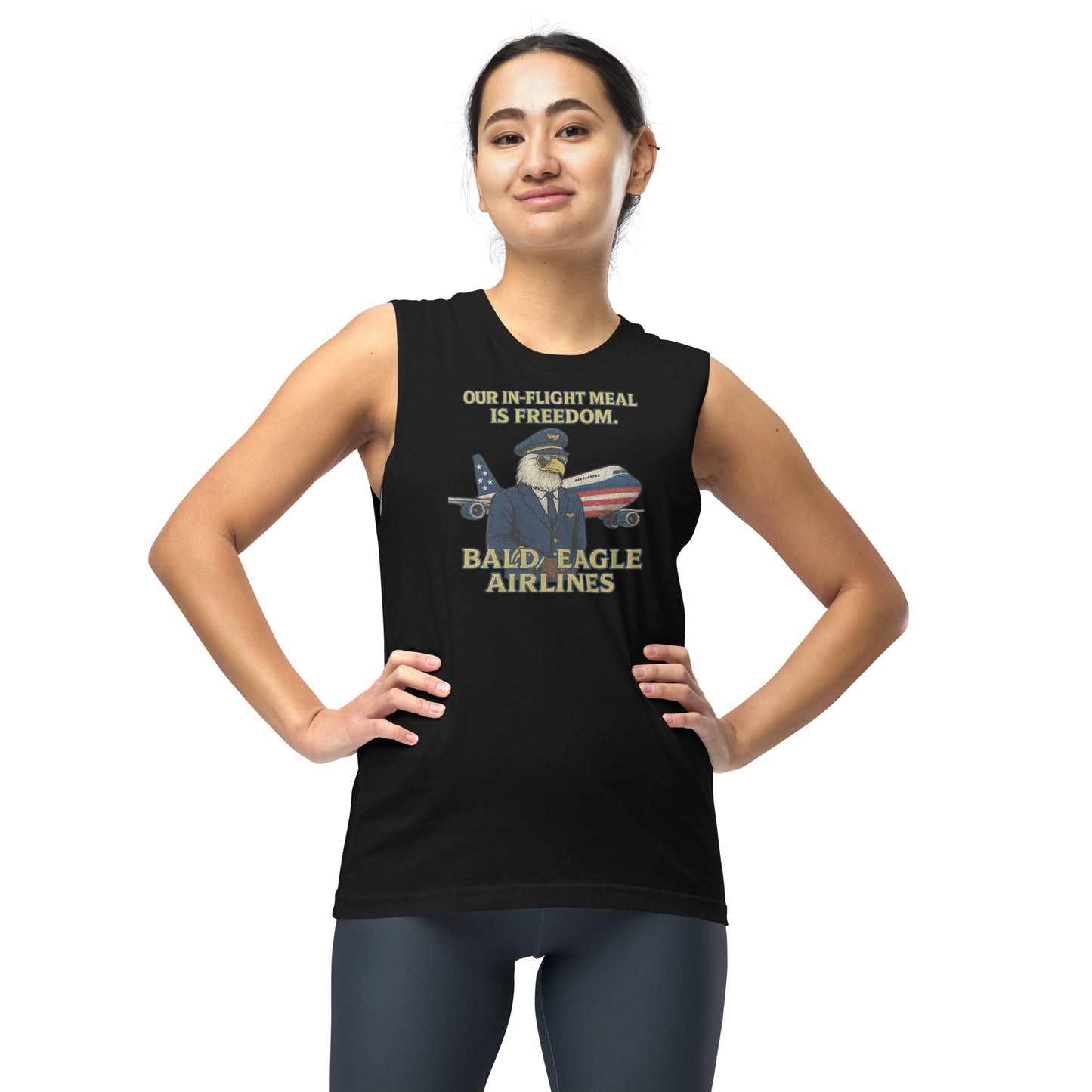female wearing cutoff t shirt with bald eagle airlines, our in-flight meal is freedom