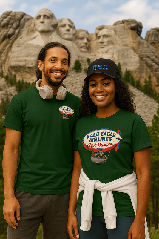 Two people standing in front of Mount Rushmore wearing green t-shirts.