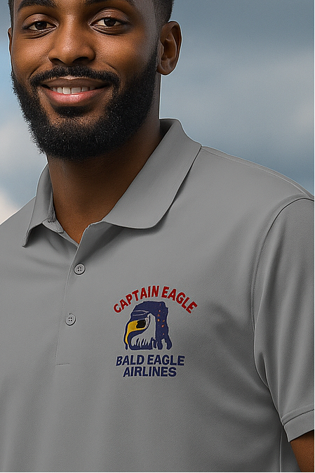 Man wearing a gray polo shirt with 'Captain Eagle Bald Eagle Airlines' logo