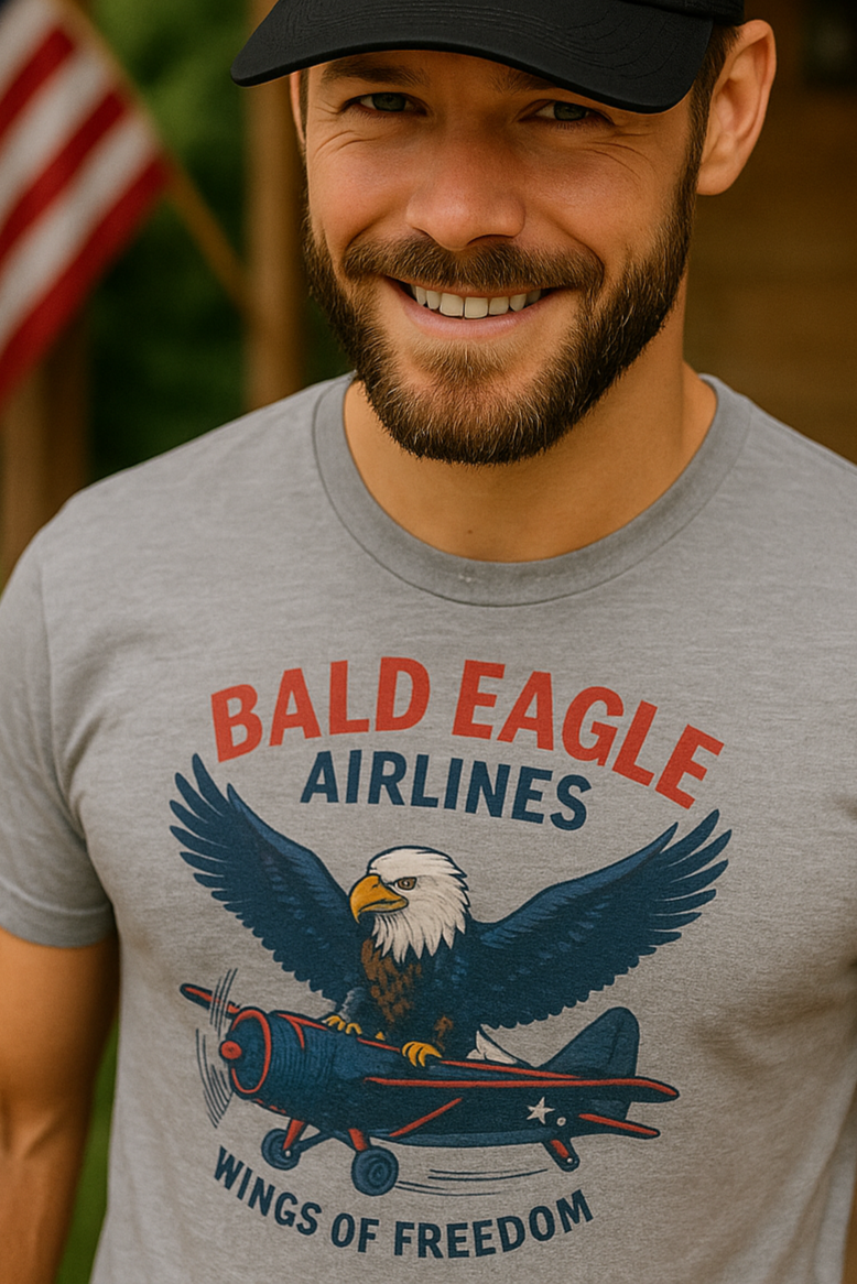 Man wearing a cap and t-shirt with Bald Eagle Airlines branding outdoors.