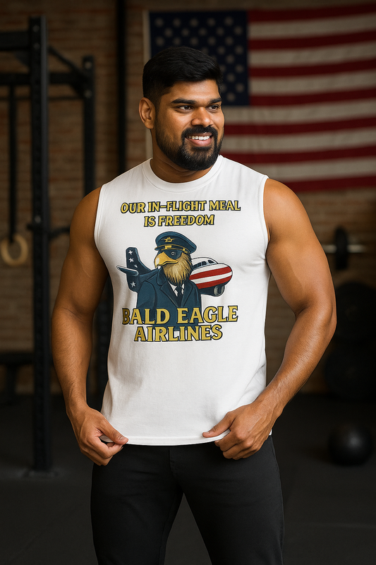 Man wearing a white sleeveless shirt with a graphic design in front of an American flag.