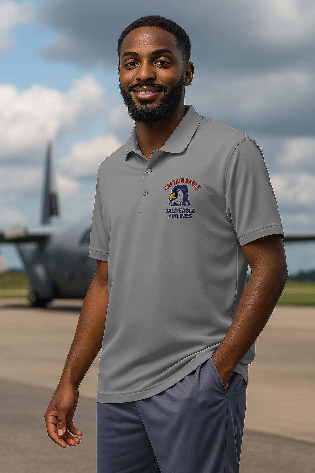Man wearing a gray polo shirt with a logo on an airfield