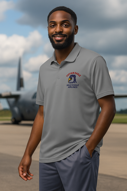 Man wearing a gray polo shirt with a logo on an airfield
