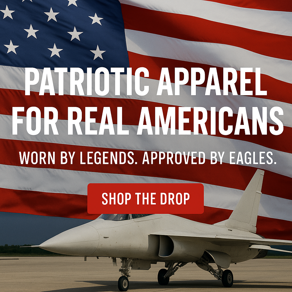 Patriotic apparel hero image featuring a fighter jet flying in front of an American flag — bold freedom-themed banner for Bald Eagle Airlines.