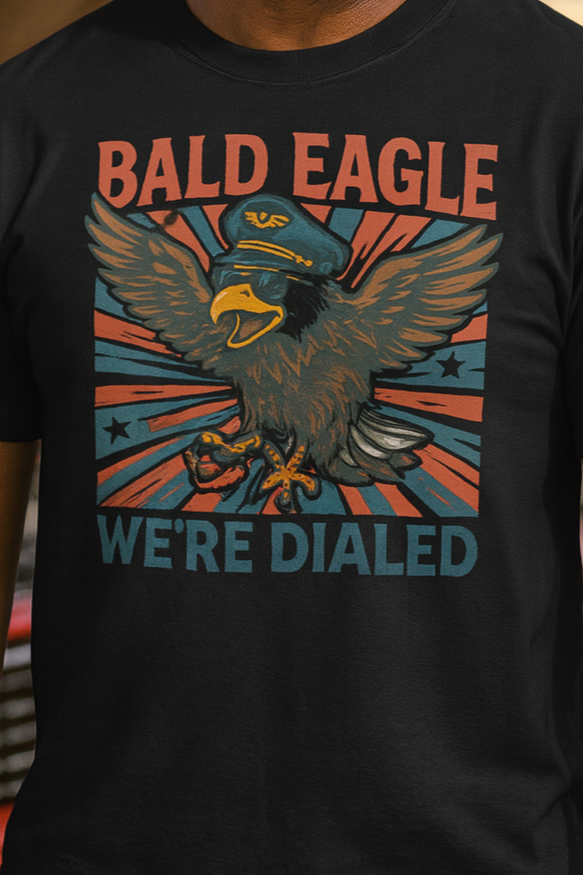 Man wearing a black t-shirt with an eagle graphic and text, standing outdoors.