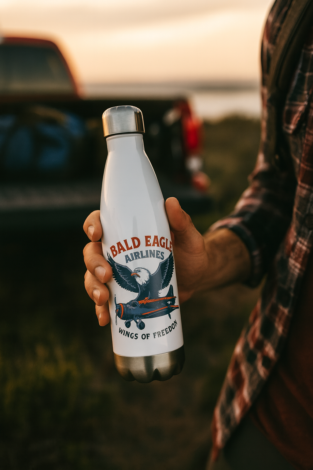 Person holding a water bottle with 'Bald Eagles' branding outdoors.