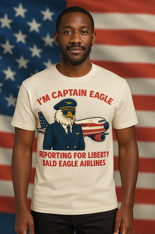 Man wearing a t-shirt with an eagle graphic and text in front of an American flag