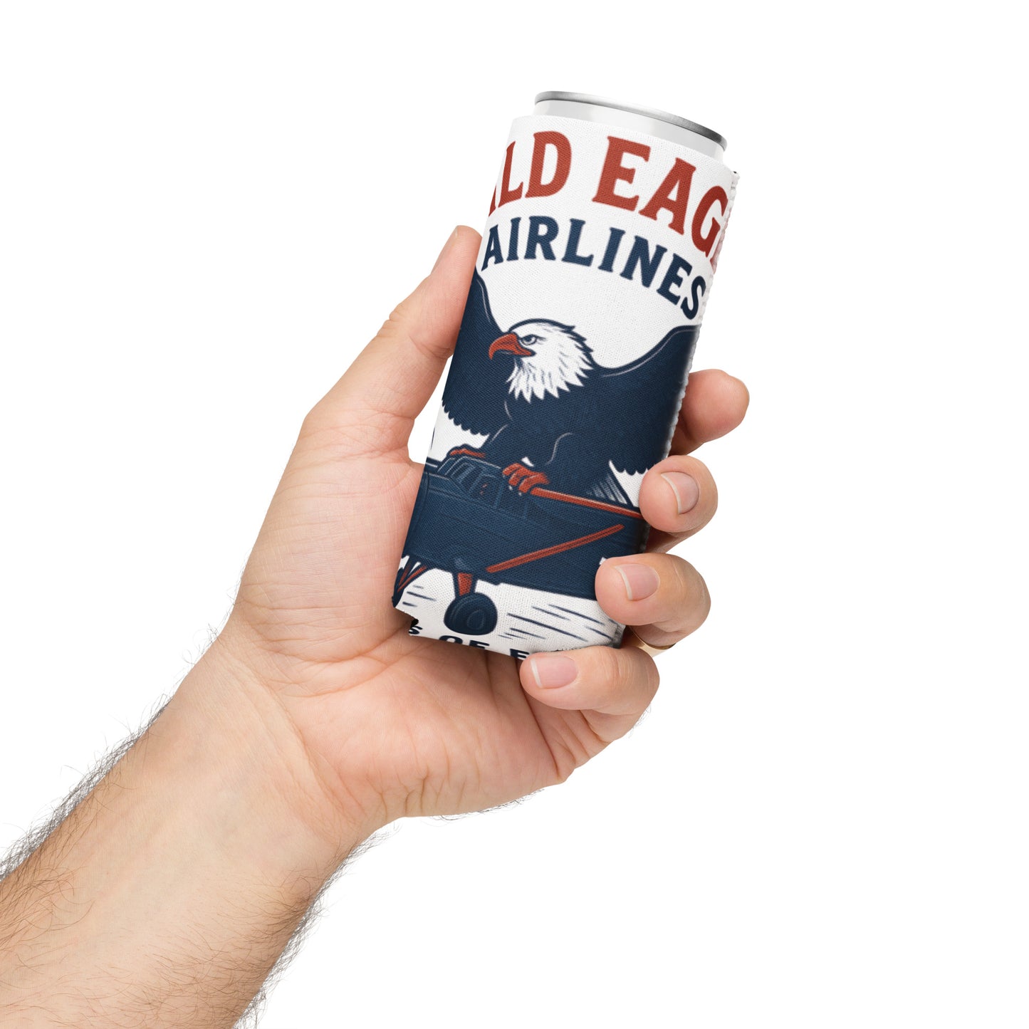 thin koozie in hand eagle on airplane
