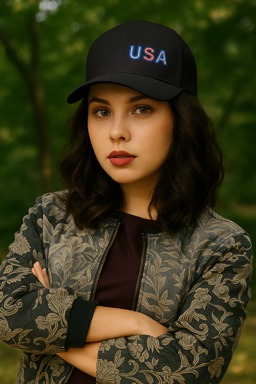 Woman wearing a black cap with 'USA' text, standing outdoors with greenery in the background
