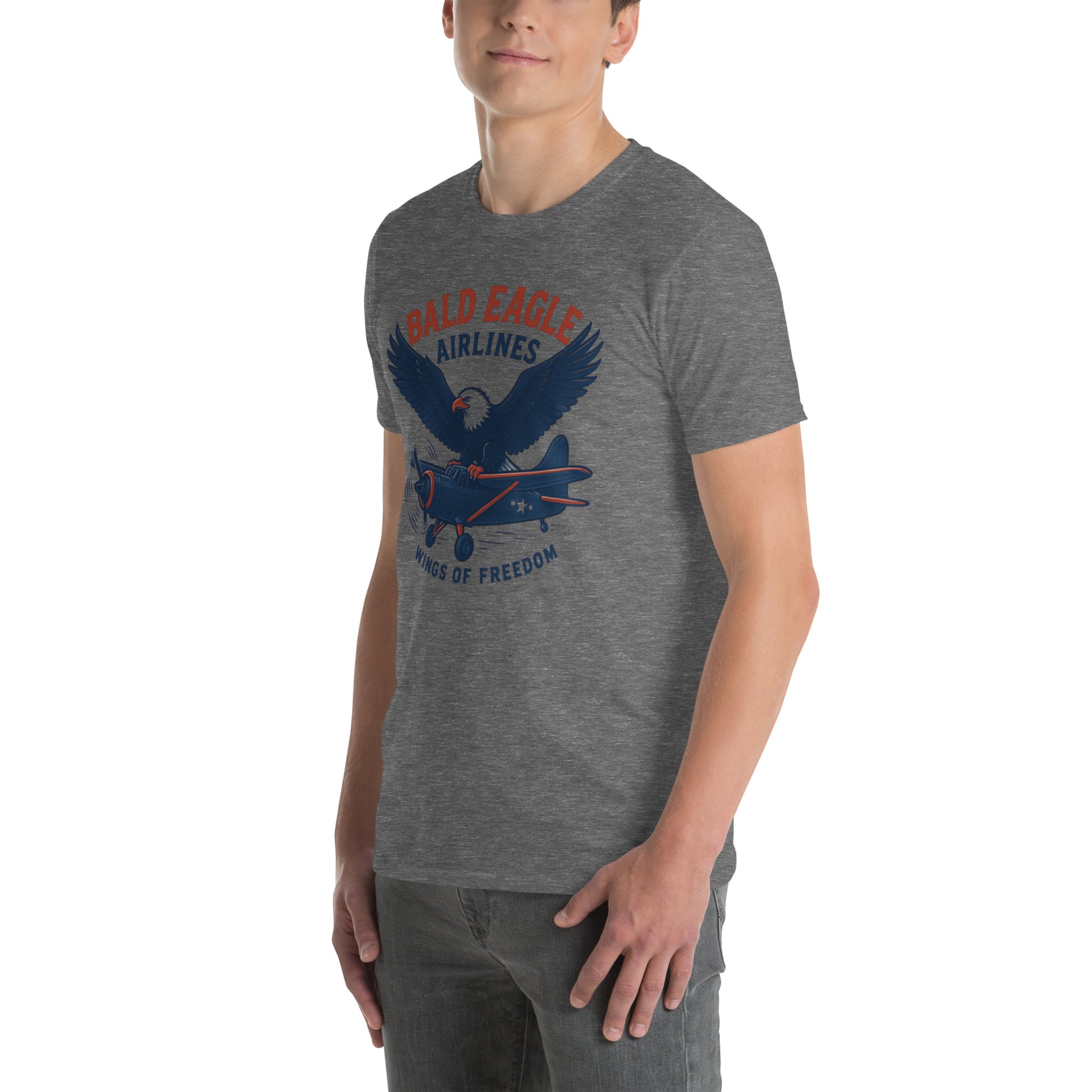 Man wearing tee shirt with bald eagle