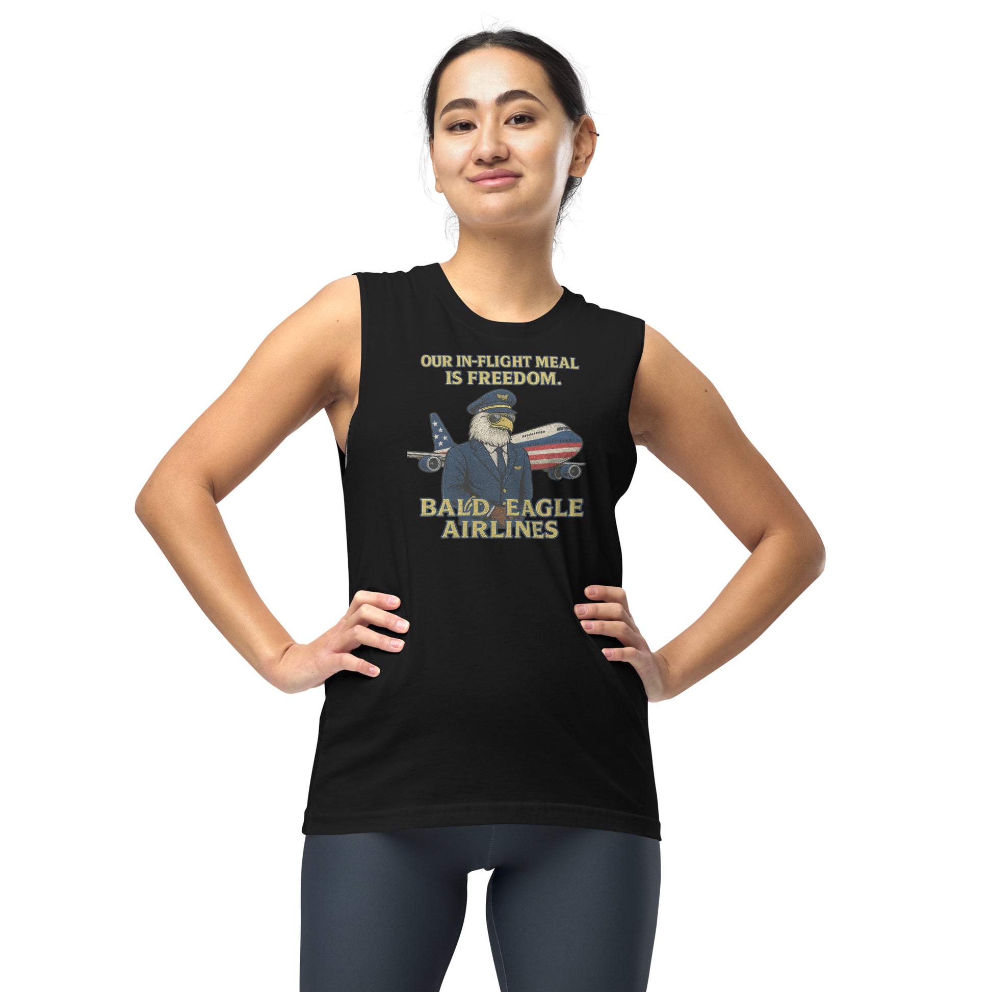 female wearing cutoff t shirt with bald eagle airlines, our in-flight meal is freedom